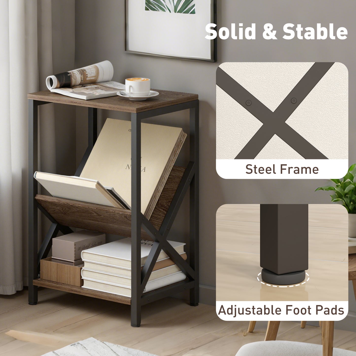 Elfi Nere Wooden Oak Narrow Side Table With 3 Tier Storage and V Shaped Magazine Holder 40 x 30 x 61 cm