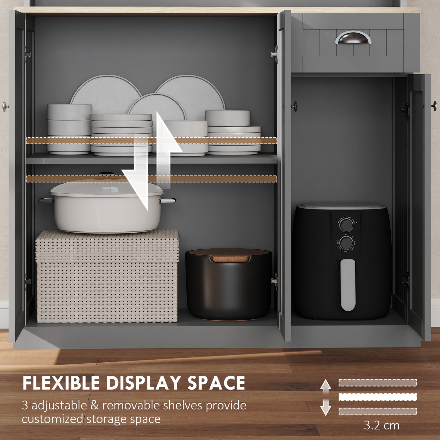 Ririlo Wooden Grey 180 cm Tall Kitchen Storage Cabinet With OFauxn Counter Drawers And 6 Doors