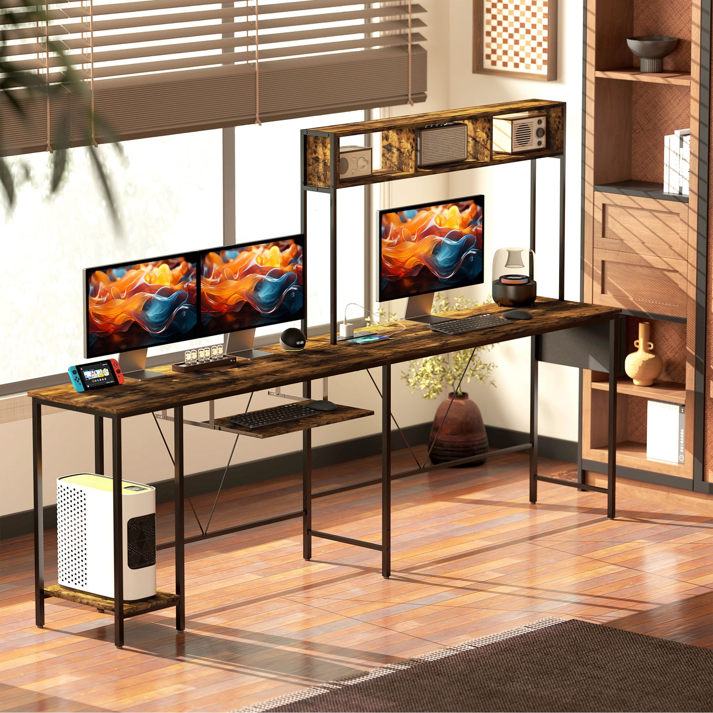 Ledoel 240cm Rustic Brown Reversible L Shaped Desk With Power Outlet Shelves And Keyboard Tray For 2 Users
