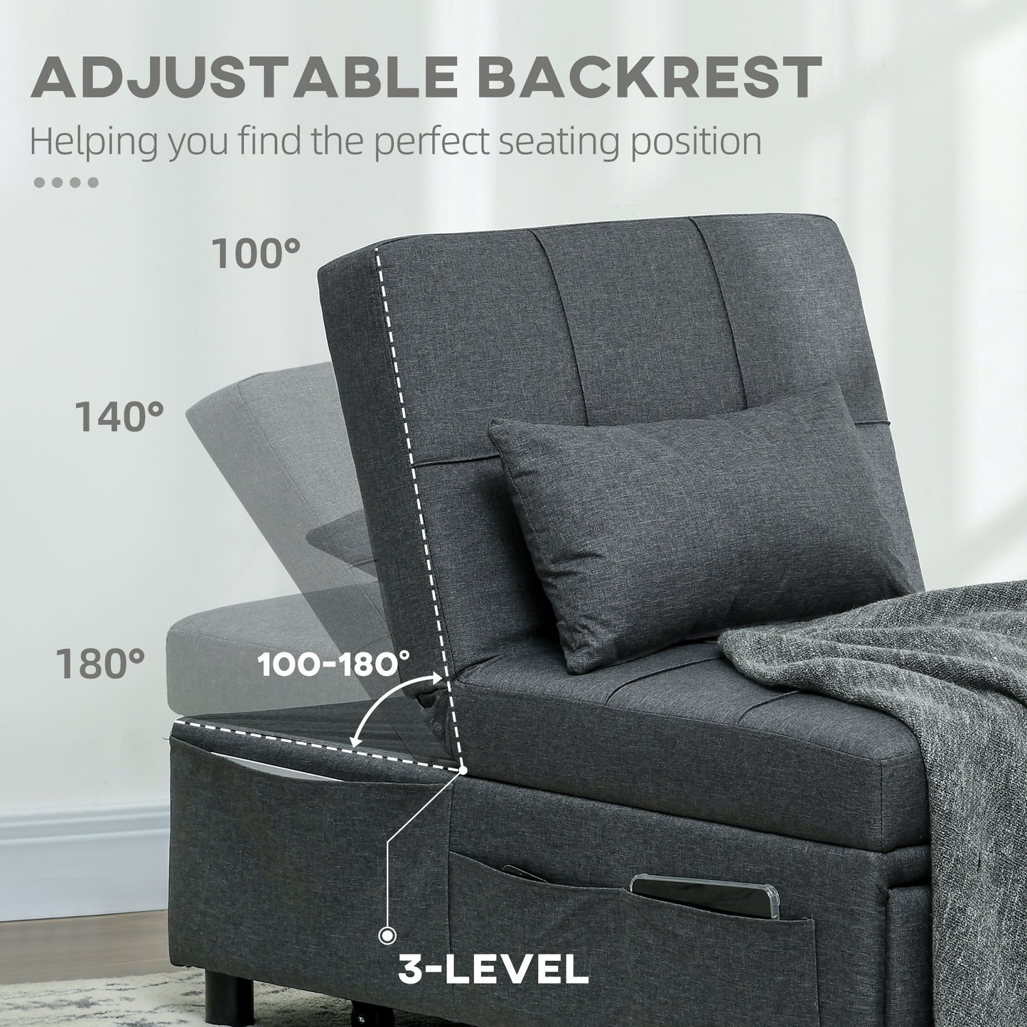 Bazi Fabric Grey 4 In One Convertible Chair Bed With Adjustable Back Side Pocket Wheels And Pillow