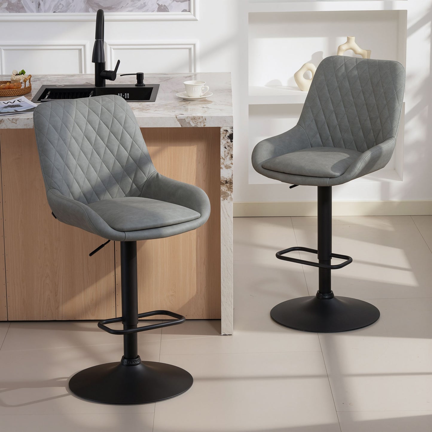 Taraneno Set Of 2 Light Grey Faux Leather Retro Bar Chairs