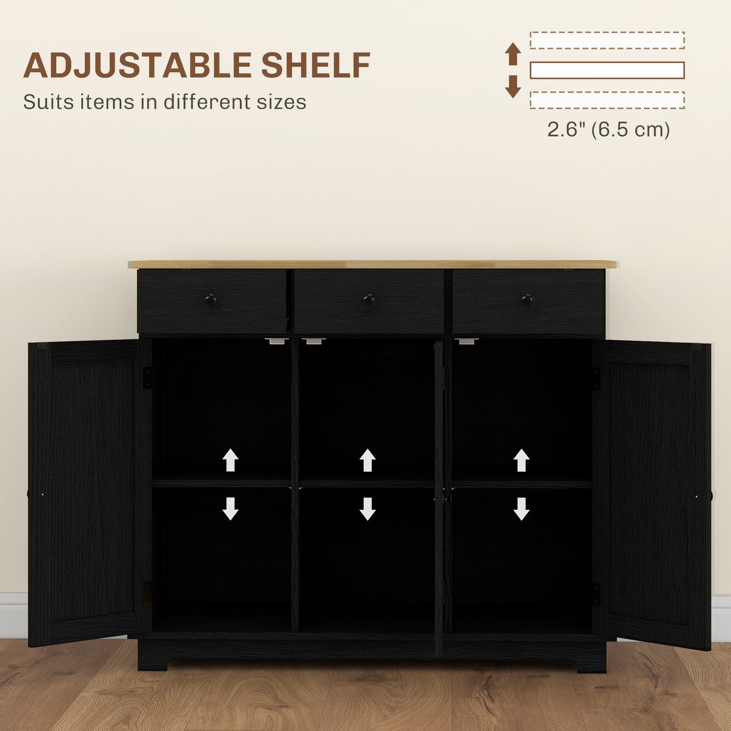 Tohave Black Wood Sideboard Natural Top 3 Doors 3 Drawers 3 Shelves