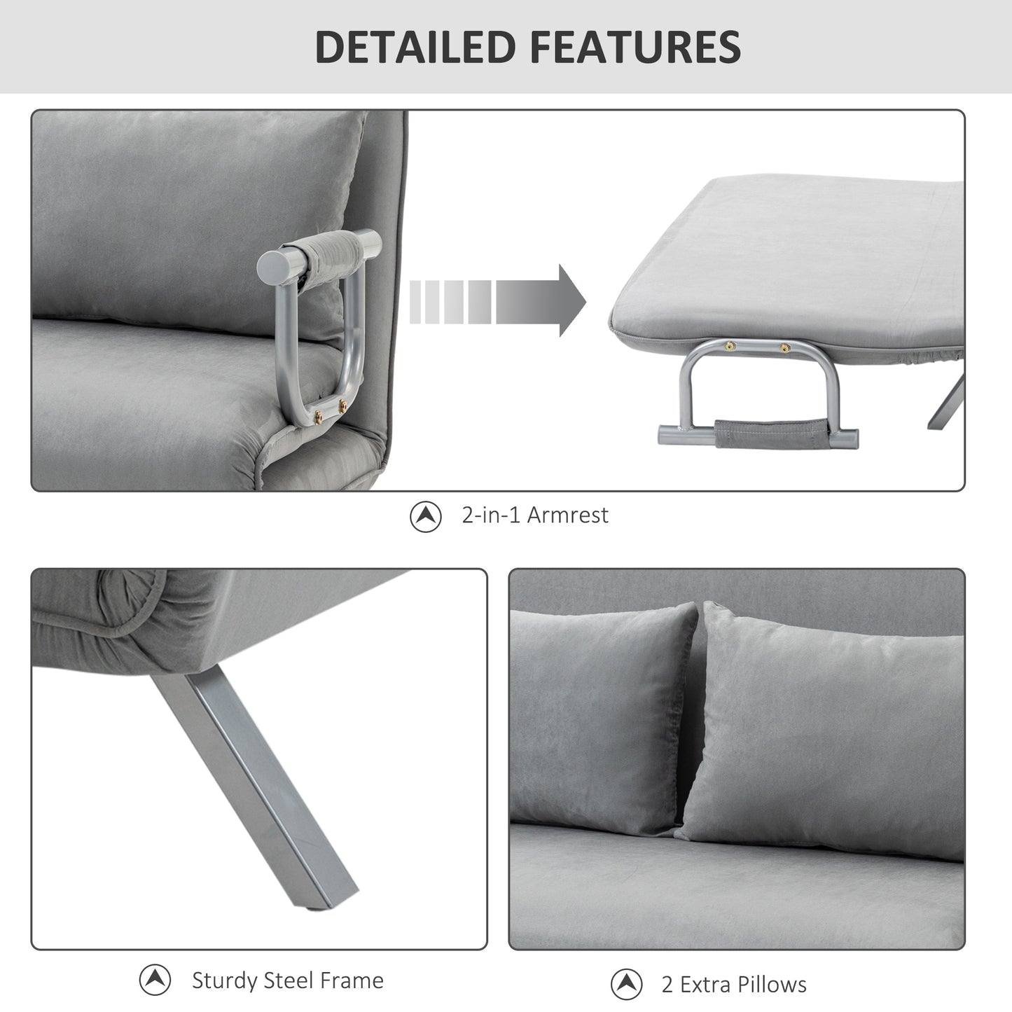 Nilara Light Grey 2 Seater Click Clack Sofa Bed Silver Metal Legs