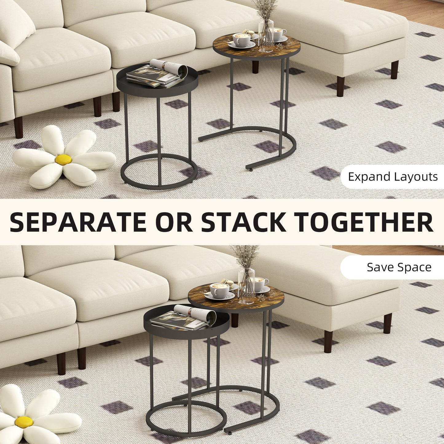 Renovi Set Of 2 Metal And Wood Brown And Black Industrial Nesting Tables