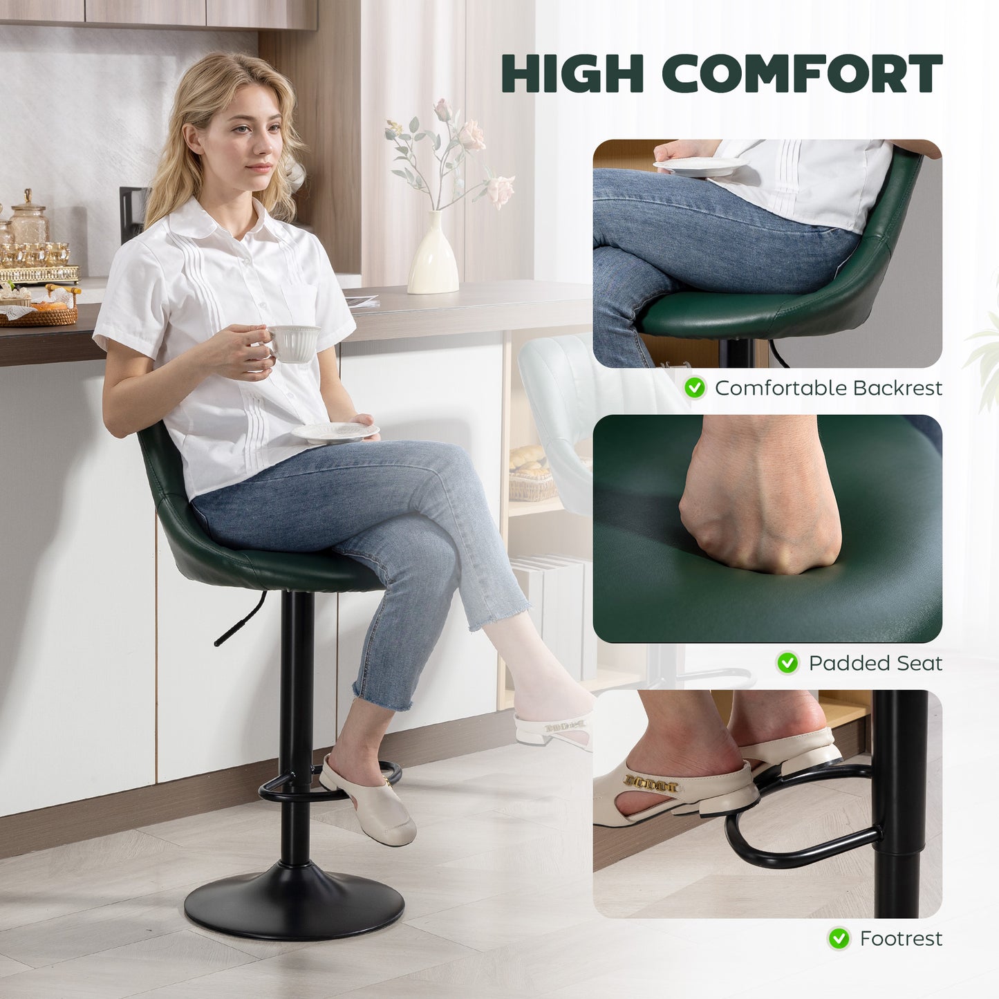 Nimba Set Of 2 Dark Green Faux Leather Counter H8 Bar Stools