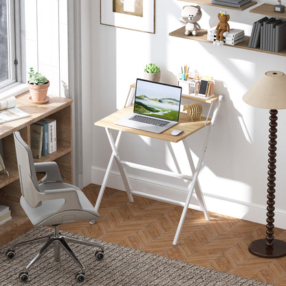 Veeldi 70cm Small Wooden Natural Folding Desk With Raised Monitor Shelf