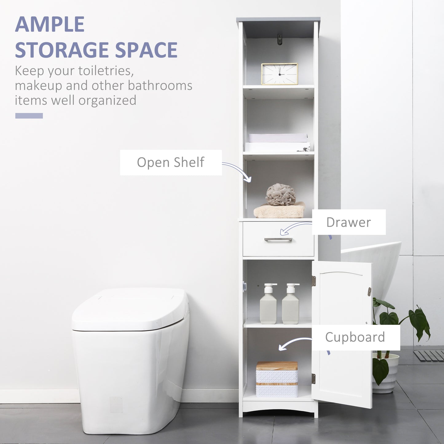 Noka Tall Slim Bathroom Linen Cabinet With Shelves Drawer And Door In White