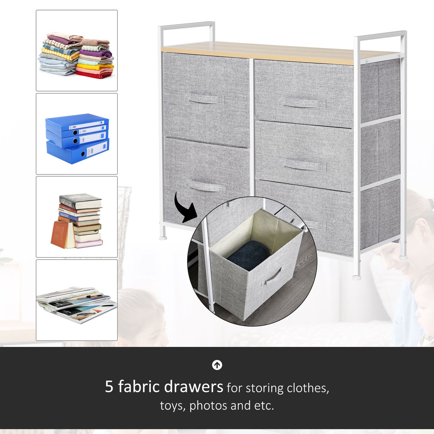 Vepapa White Metal And Grey Fabric 5 Drawer Linen Basket Storage Unit With Natural Wooden Top Shelf