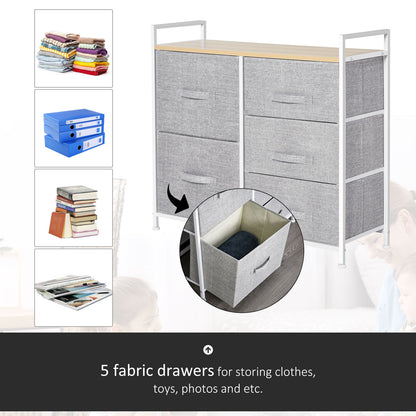 Vepapa White Metal And Grey Fabric 5 Drawer Linen Basket Storage Unit With Natural Wooden Top Shelf