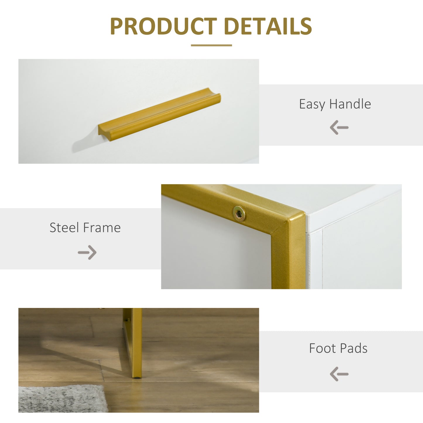 Niva White And Gold Set Of 2 Modern Bedside Tables With Drawer And Shelf
