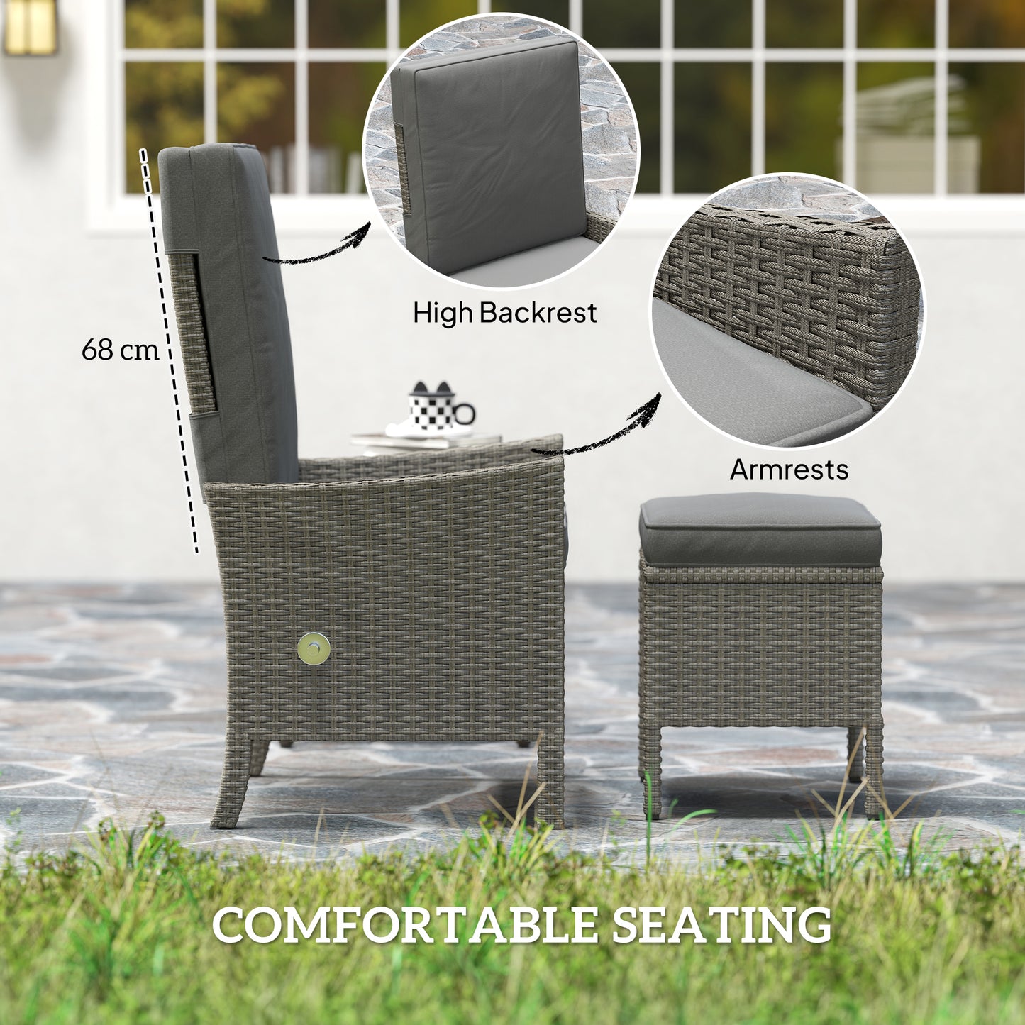 Liromo Rattan Dark Grey 5 Piece Garden Bistro Set with Recliner Chairs Stools and Table