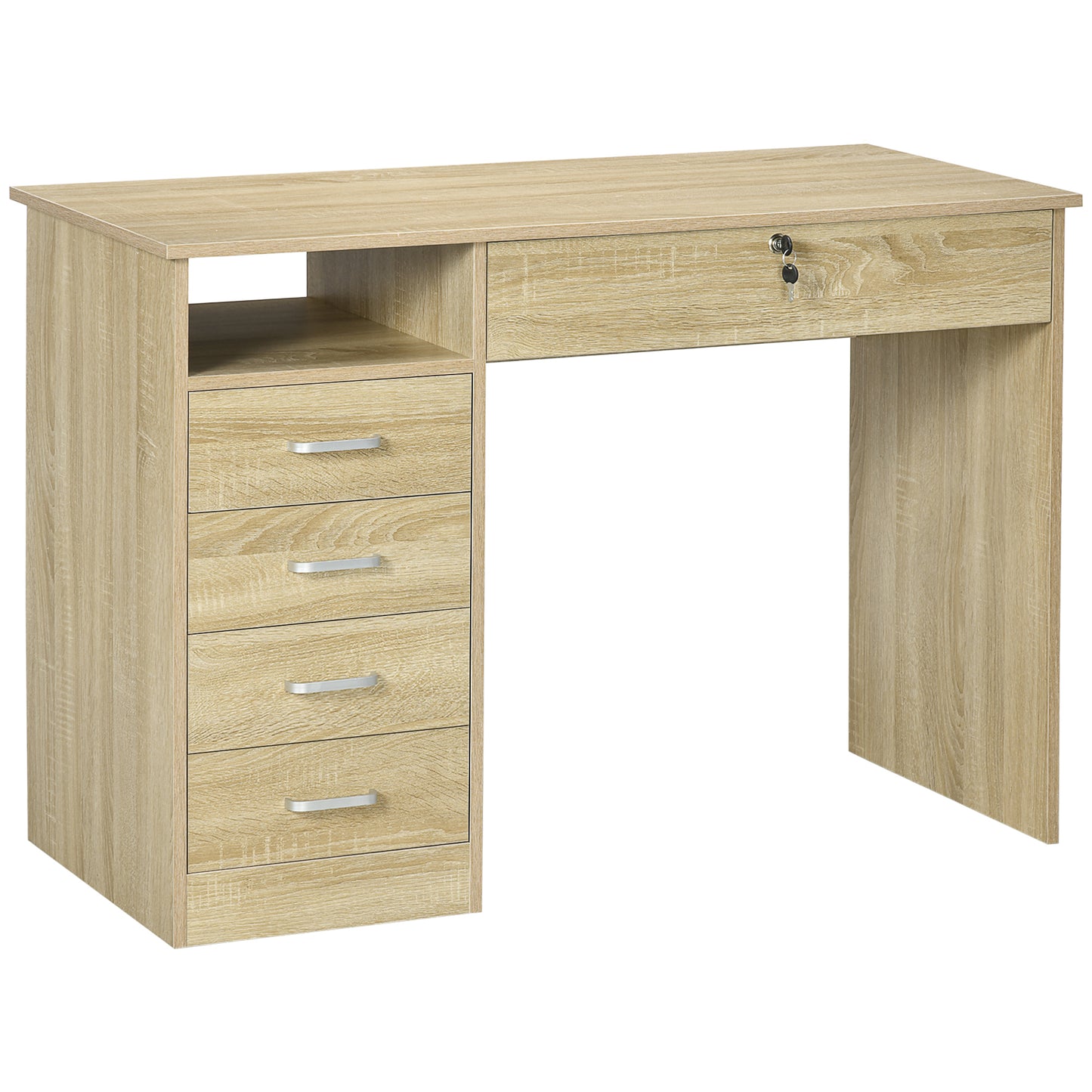 Yodino 110cm Oak Finish Home Office Desk With 5 Drawers And Side Shelving