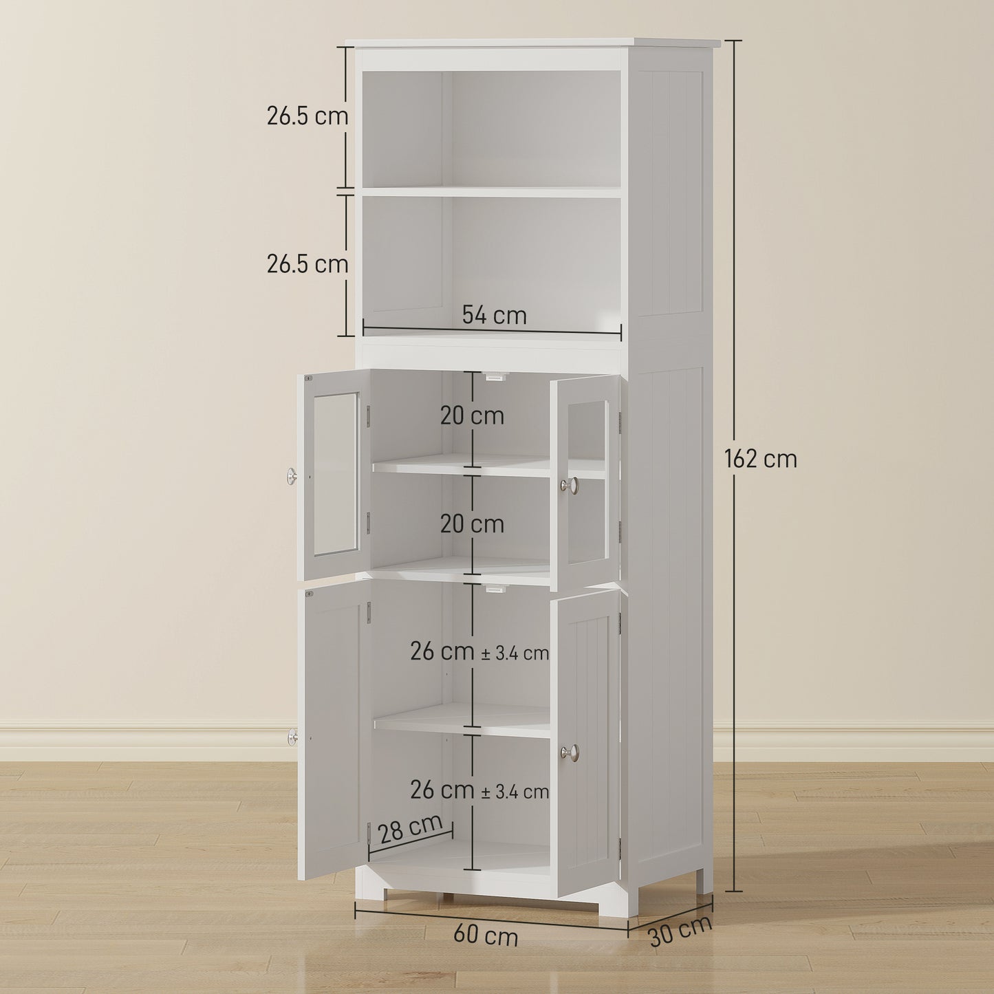 Doke Wooden White 4 Door Kitchen Cupboard With Glass Panels And Adjustable Shelves