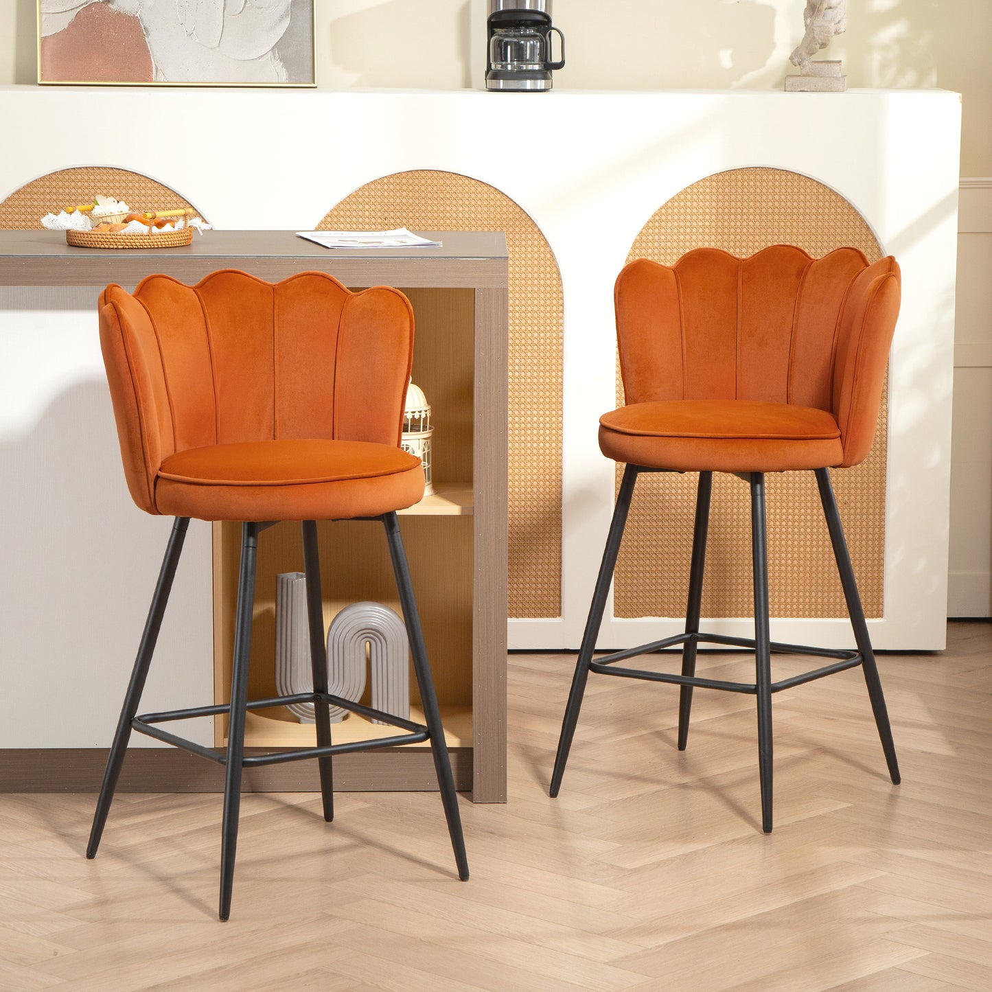 Nivi Set Of 2 Orange Velvet Upholstered Lotus Design Bar Stools