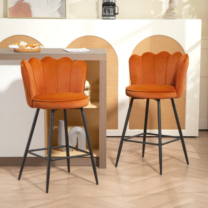 Nivi Set Of 2 Orange Velvet Upholstered Lotus Design Bar Stools