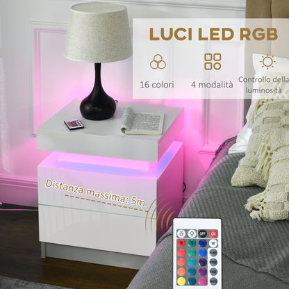 Nisu High Gloss White Set Of 2 Bedside Tables With LED Lighting and Storage Drawers