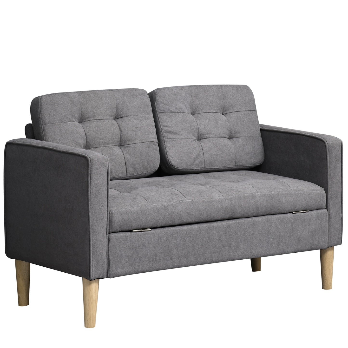 Labasu Fabric Grey 2 Seater Sofa With Hidden Storage Tufted Seat And Wooden Legs