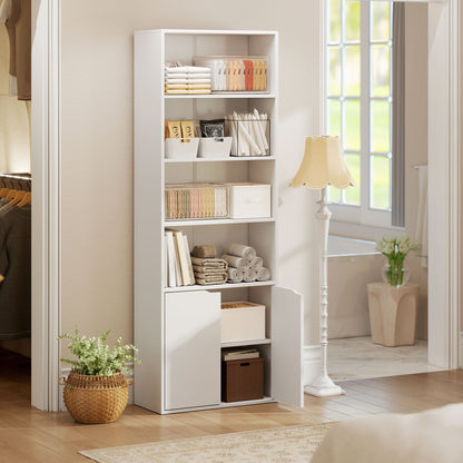 Zimo Rado Wood White 6 Tier Tall Bookcase With OFauxn Shelves And Double Door Storage 59 x 29 x 180 cm
