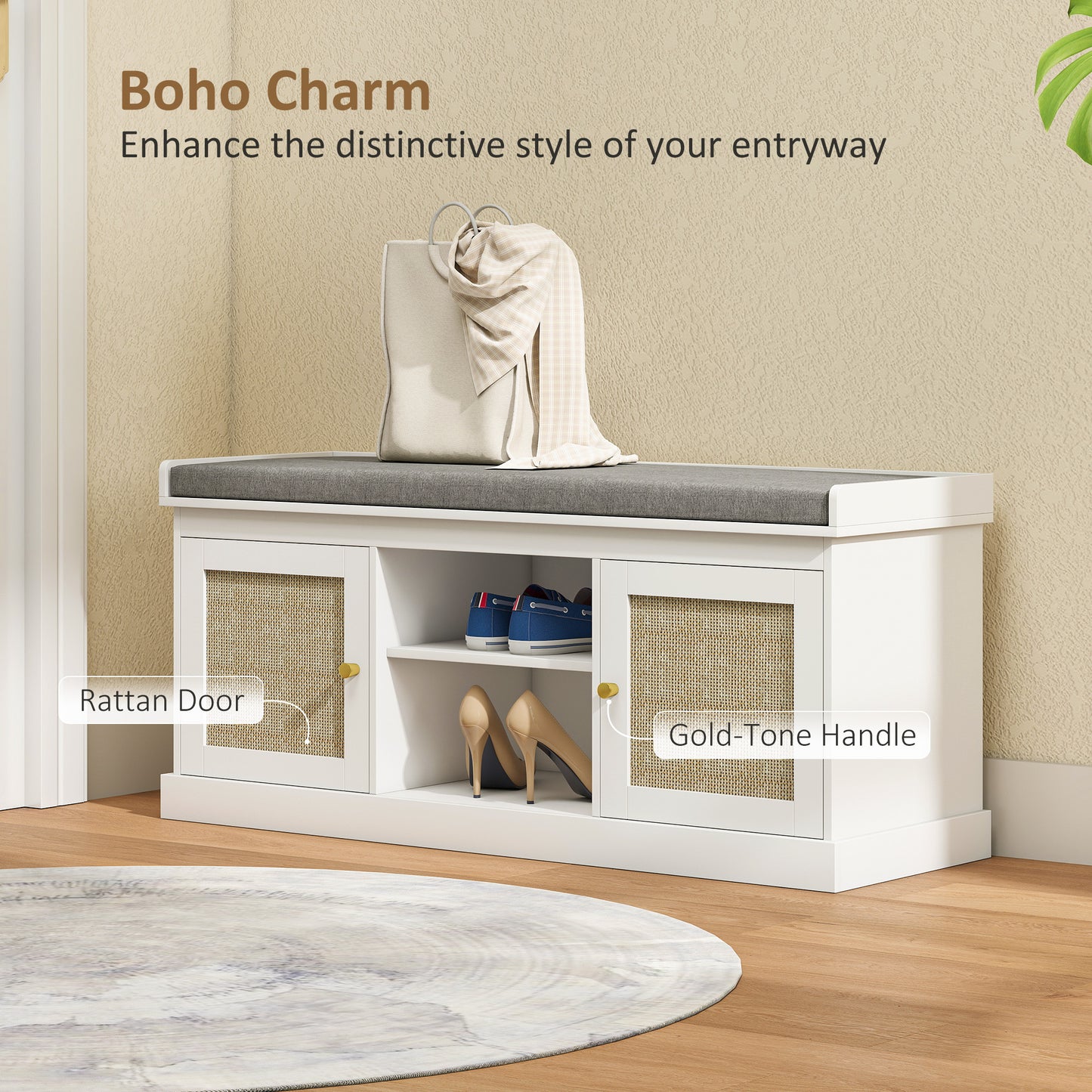 Bafisa Wooden White Boho Shoe Bench With Cushioned Seat And Rattan Doors