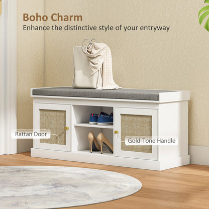 Bafisa Wooden White Boho Shoe Bench With Cushioned Seat And Rattan Doors