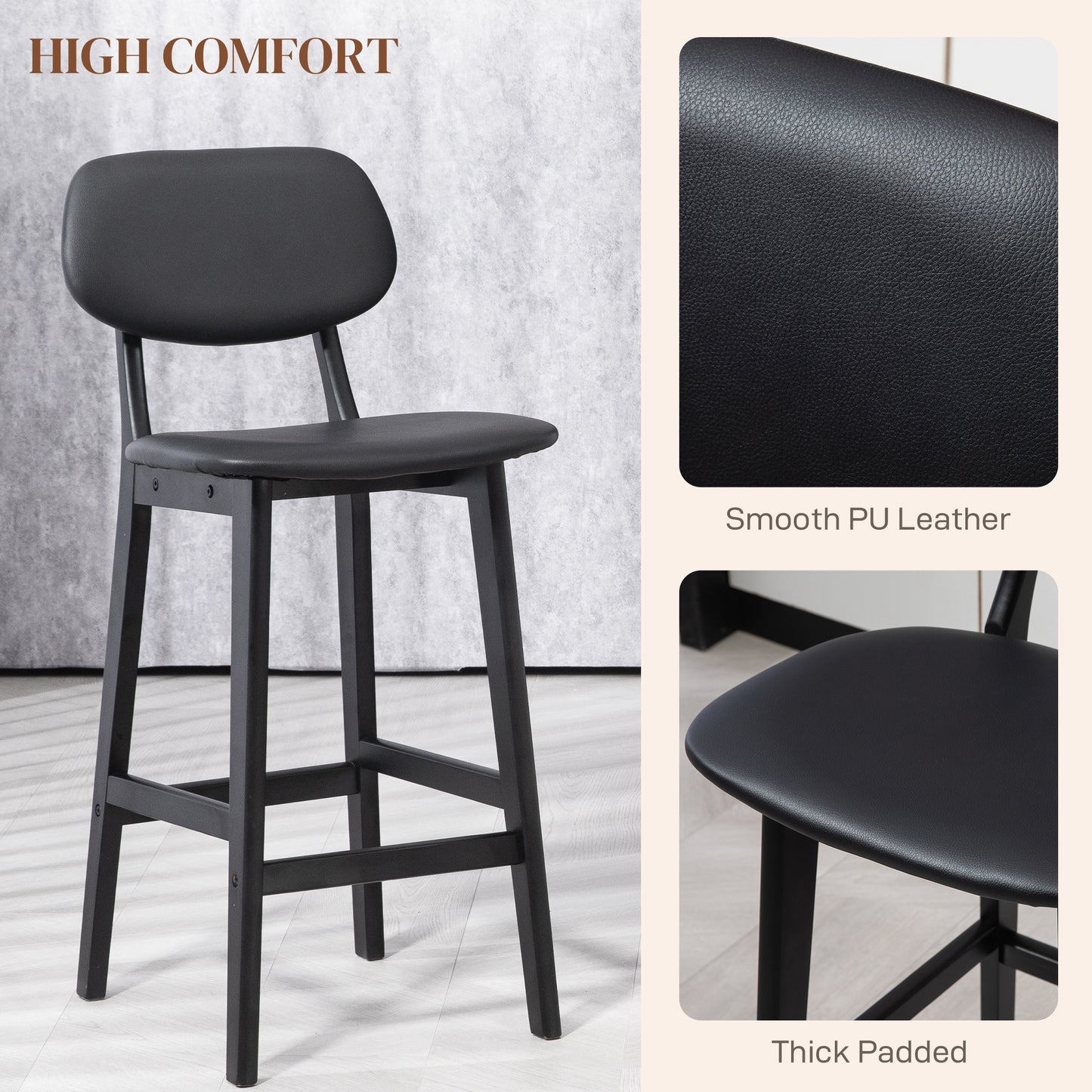 Resono Solid Wood Black Classic Bar Stools Set Of 2 With Faux Leather Seats