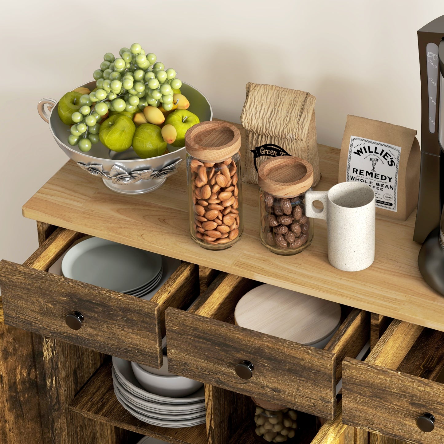 Vesudo Rustic Brown Sideboard With 3 Doors 3 Drawers 2 Shelves