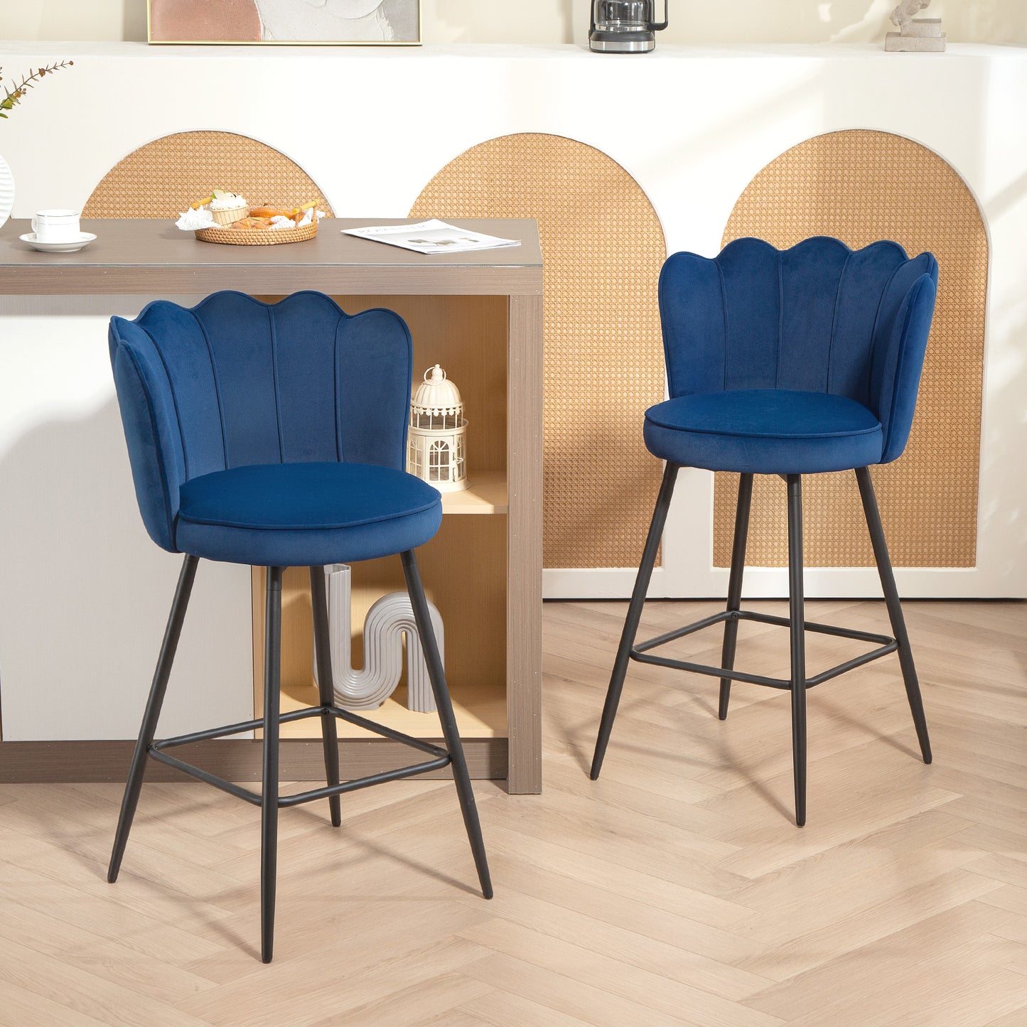 Yovafi Set Of 2 Dark Blue Velvet Upholstered Lotus Style Bar Stools