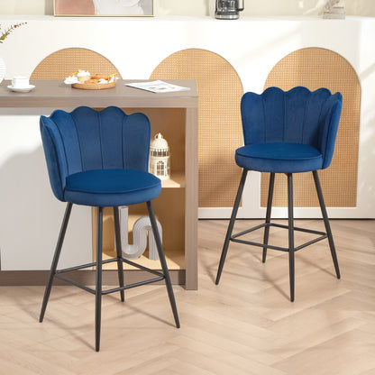 Yovafi Set Of 2 Dark Blue Velvet Upholstered Lotus Style Bar Stools
