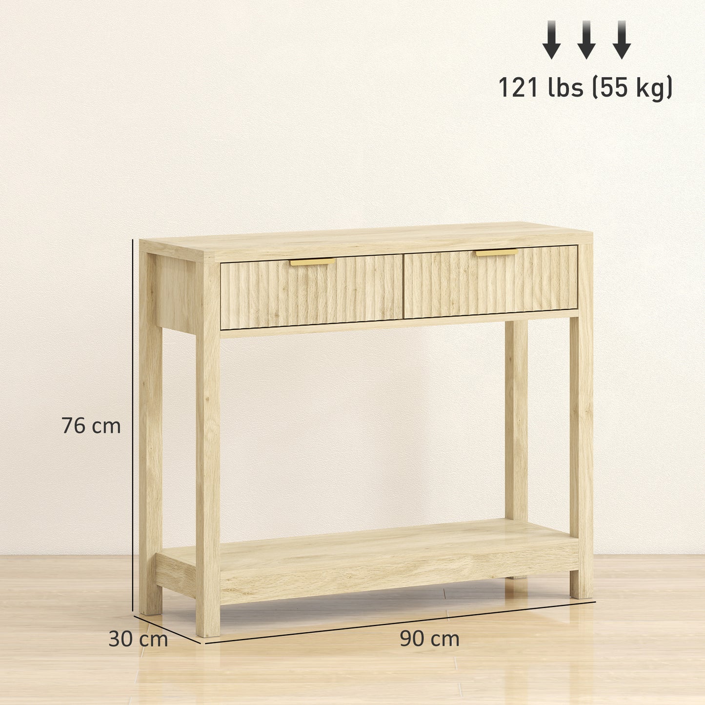 Kesoyo 90cm Wooden Natural Fluted Drawer Console Table With Lower Shelf