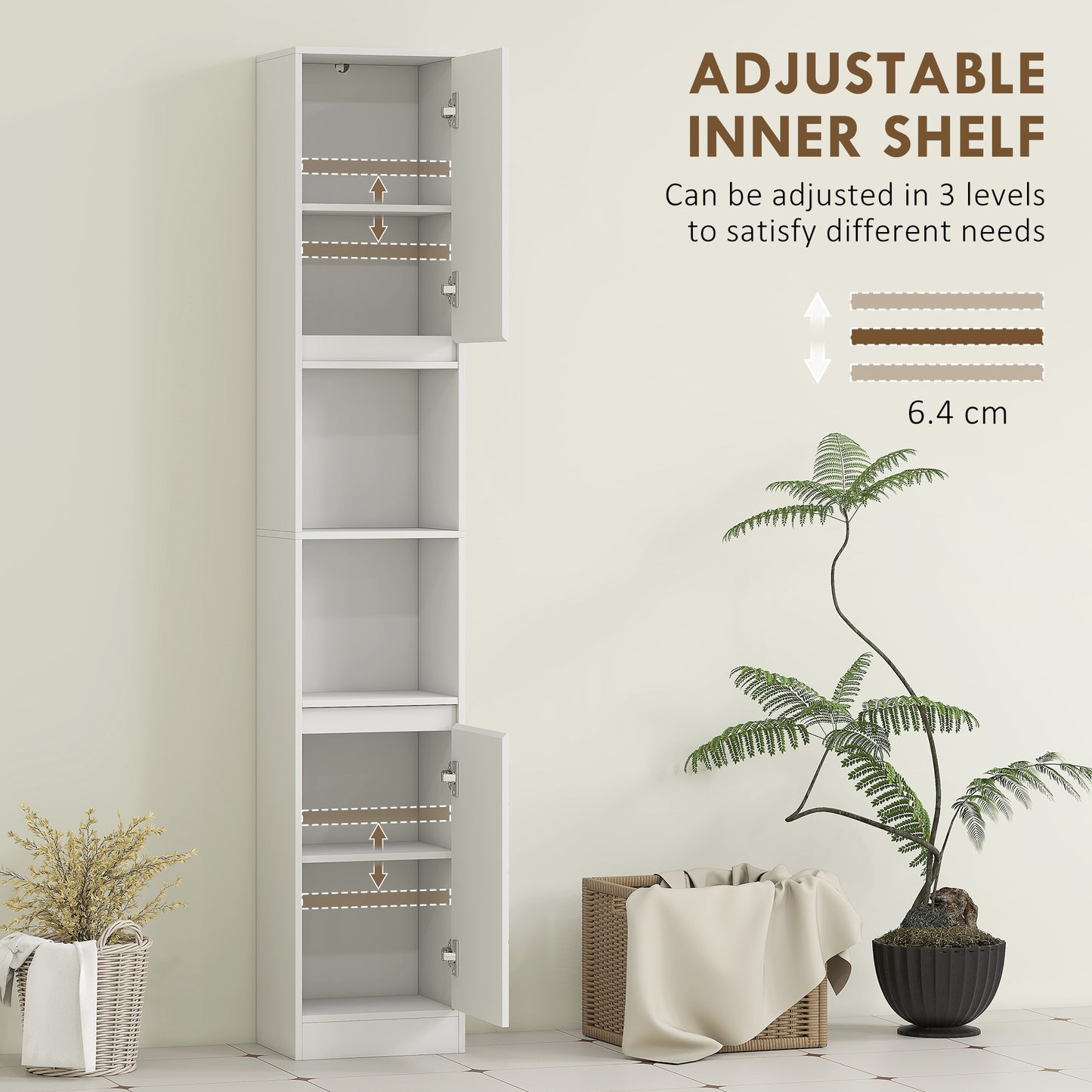Fibava Slim Freestanding Bathroom Storage Cabinet With OFauxn Compartment Adjustable Shelves White 30 x 24 x 170 cm