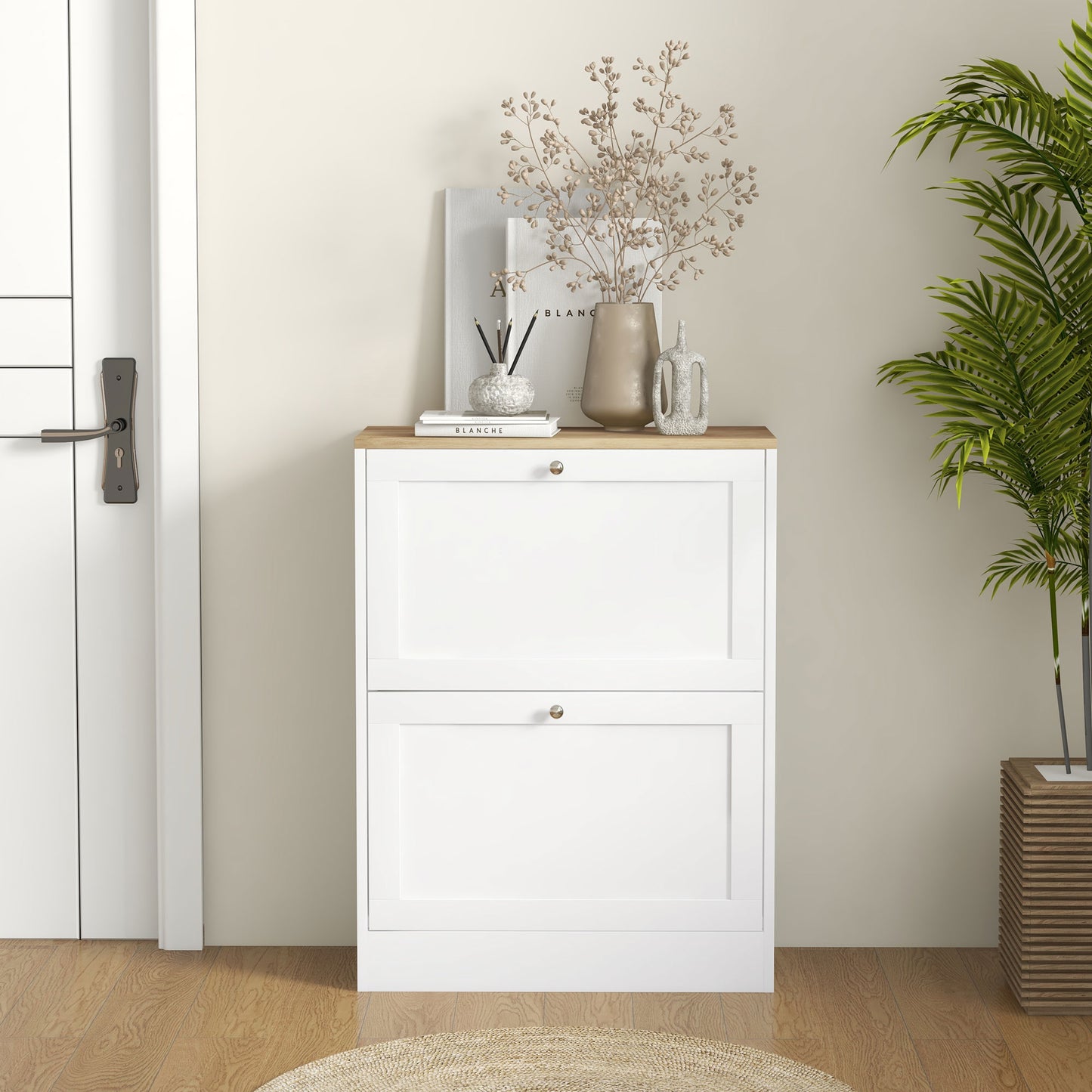 Lori Wooden White Natural Top Shoe Cabinet With 2 Flip Drawers