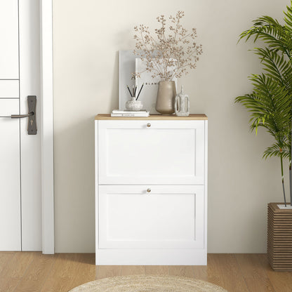 Lori Wooden White Natural Top Shoe Cabinet With 2 Flip Drawers