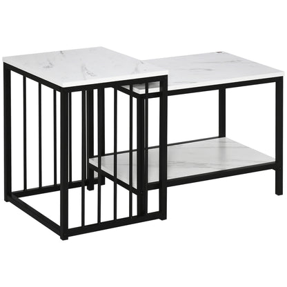 Yoloba Metal And Wood White And Black Set Of 2 Marble Effect Nesting Coffee Tables