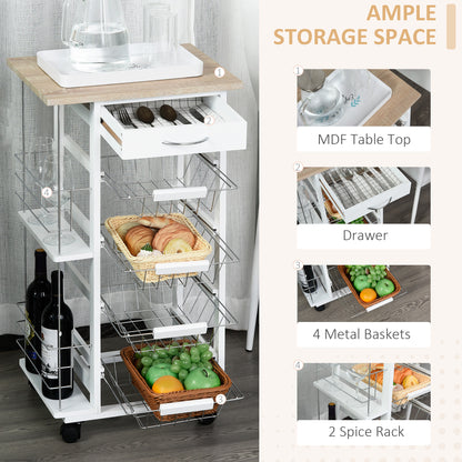 Norili Metal Natural And White Rolling Kitchen Cart With 4 Basket Drawers And Side Racks