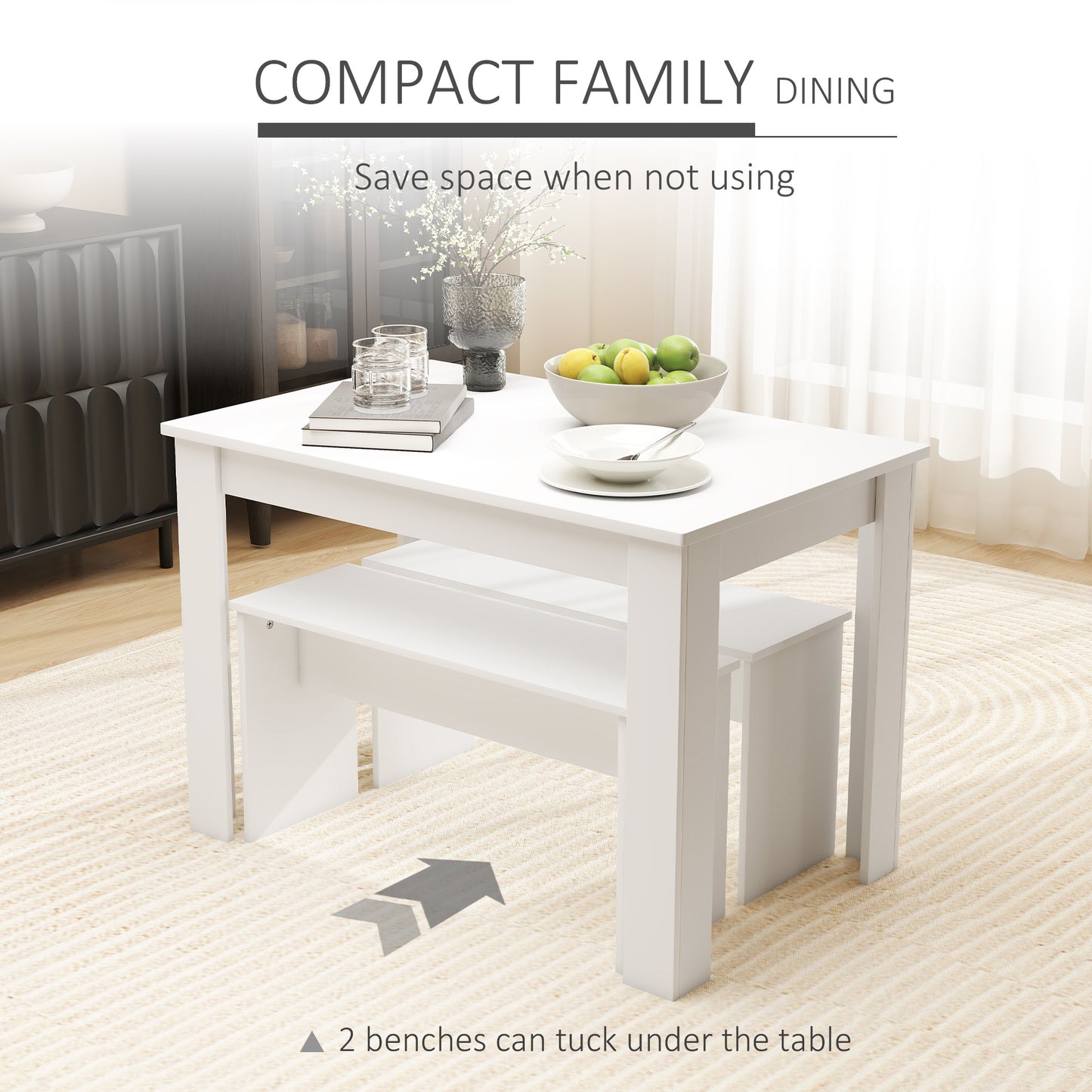 Sono Wooden White Dining Table With 2 Benches For Compact Spaces