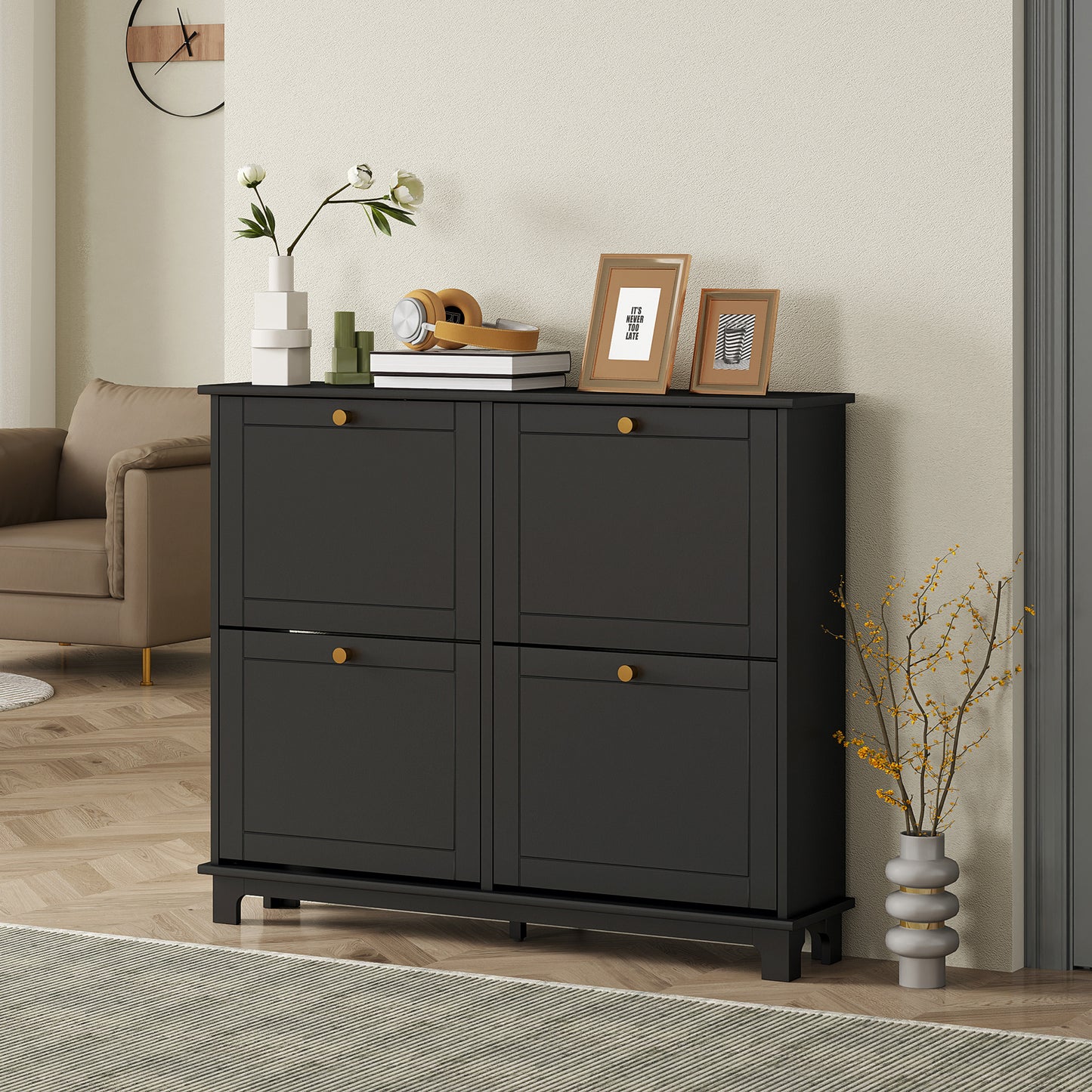 Serodo Wooden Black Slim Shoe Cupboard With 4 Flip Drawer For 16 Pairs