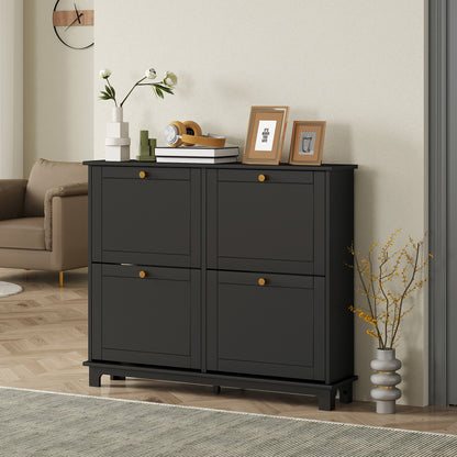 Serodo Wooden Black Slim Shoe Cupboard With 4 Flip Drawer For 16 Pairs