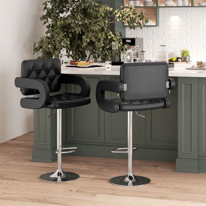 Hafi Rino Faux Leather Black Adjustable Swivel Bar Stools Set Of 2 With Back And Arm Support