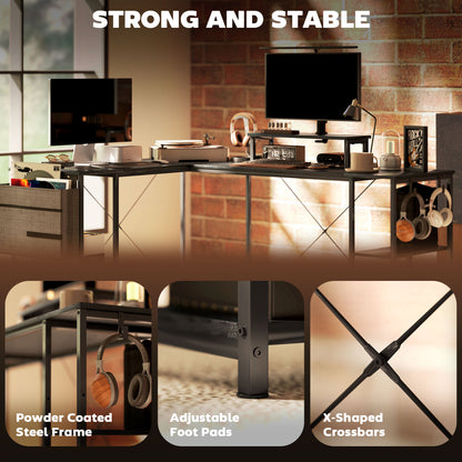 Kadoso 168cm Black Reversible Industrial L Shaped Desk With Adjustable Shelves And Monitor Stand
