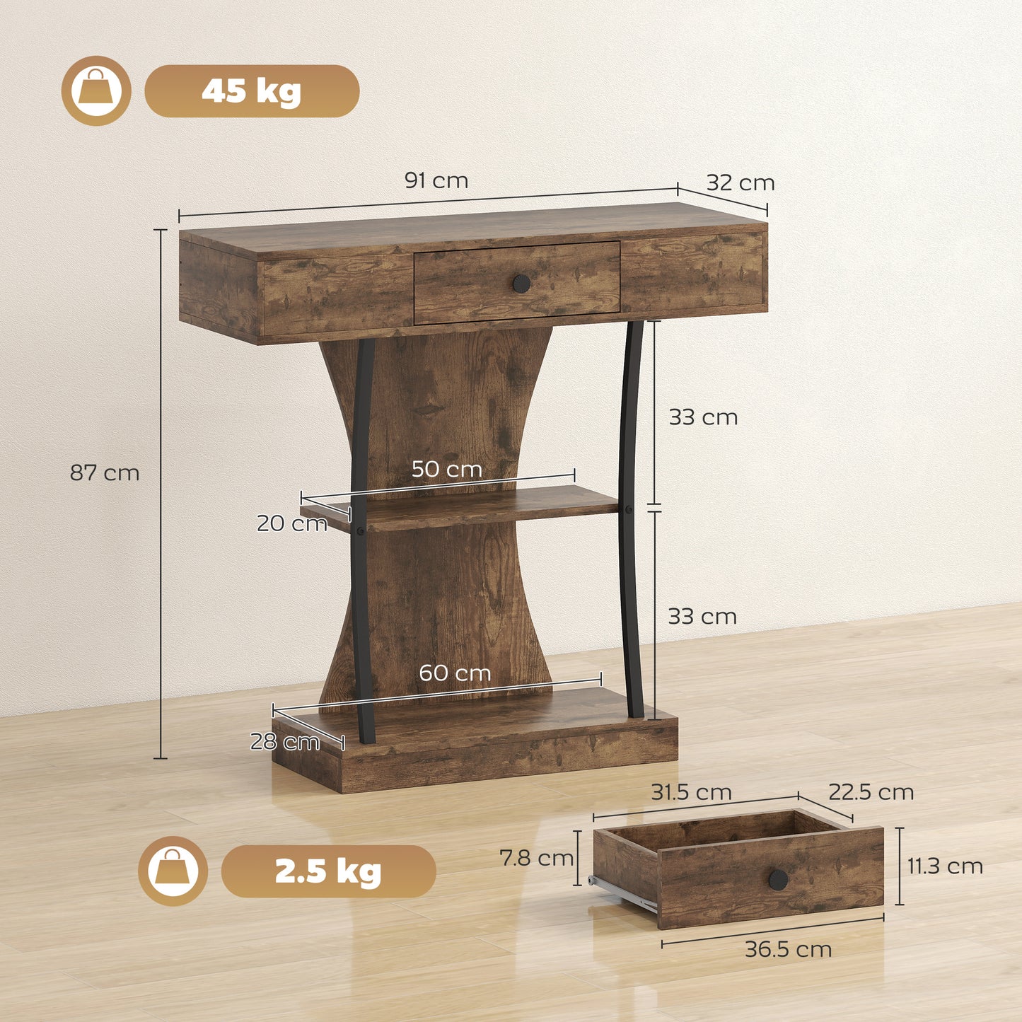 Rasana Metal And Wooden Rustic Brown 3 Tier Console Table With Drawer And Shelves