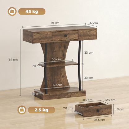 Rasana Metal And Wooden Rustic Brown 3 Tier Console Table With Drawer And Shelves