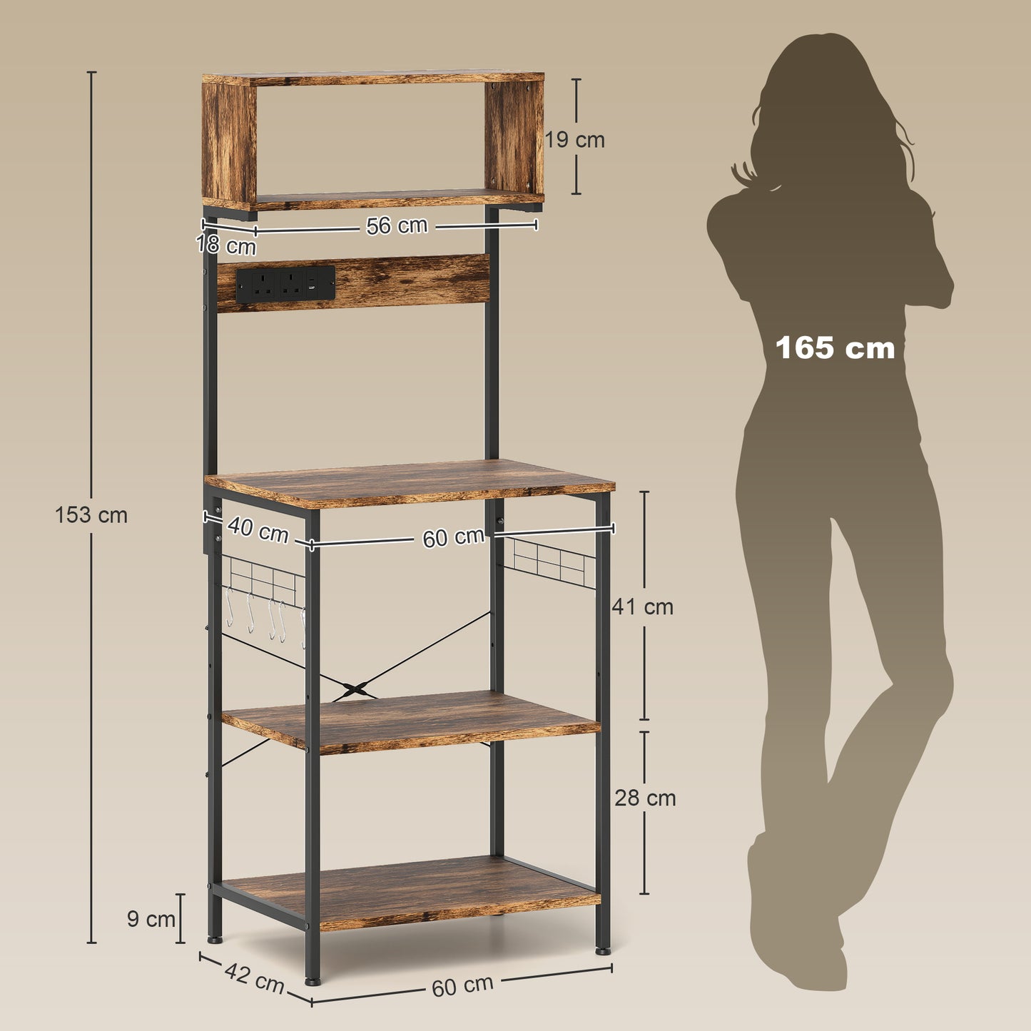 Raco Kale Wooden Rustic Brown Bakers Rack With Power Outlet USB Charging And Adjustable Shelves