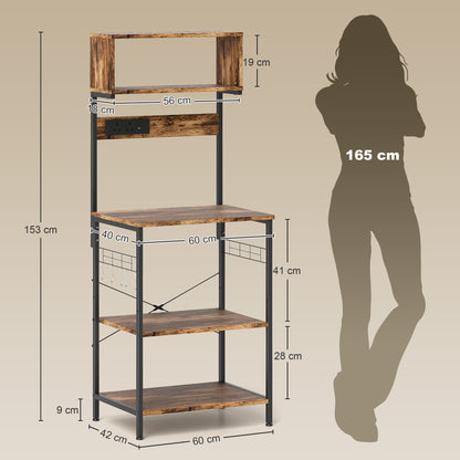 Raco Kale Wooden Rustic Brown Bakers Rack With Power Outlet USB Charging And Adjustable Shelves