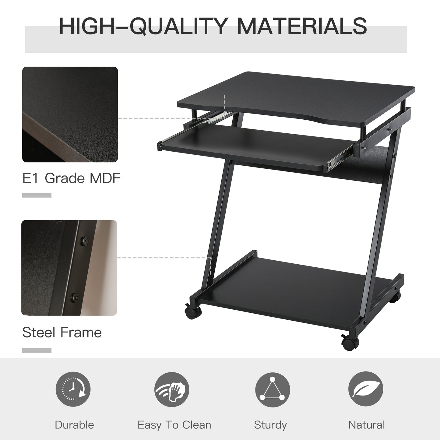 Kamo Wooden Black Mobile Desk With Castor Wheels And Sliding Keyboard Tray