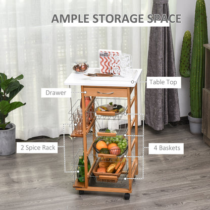 Domo Natural Wood Rolling Kitchen Cart With 4 Basket Drawers And Side Racks