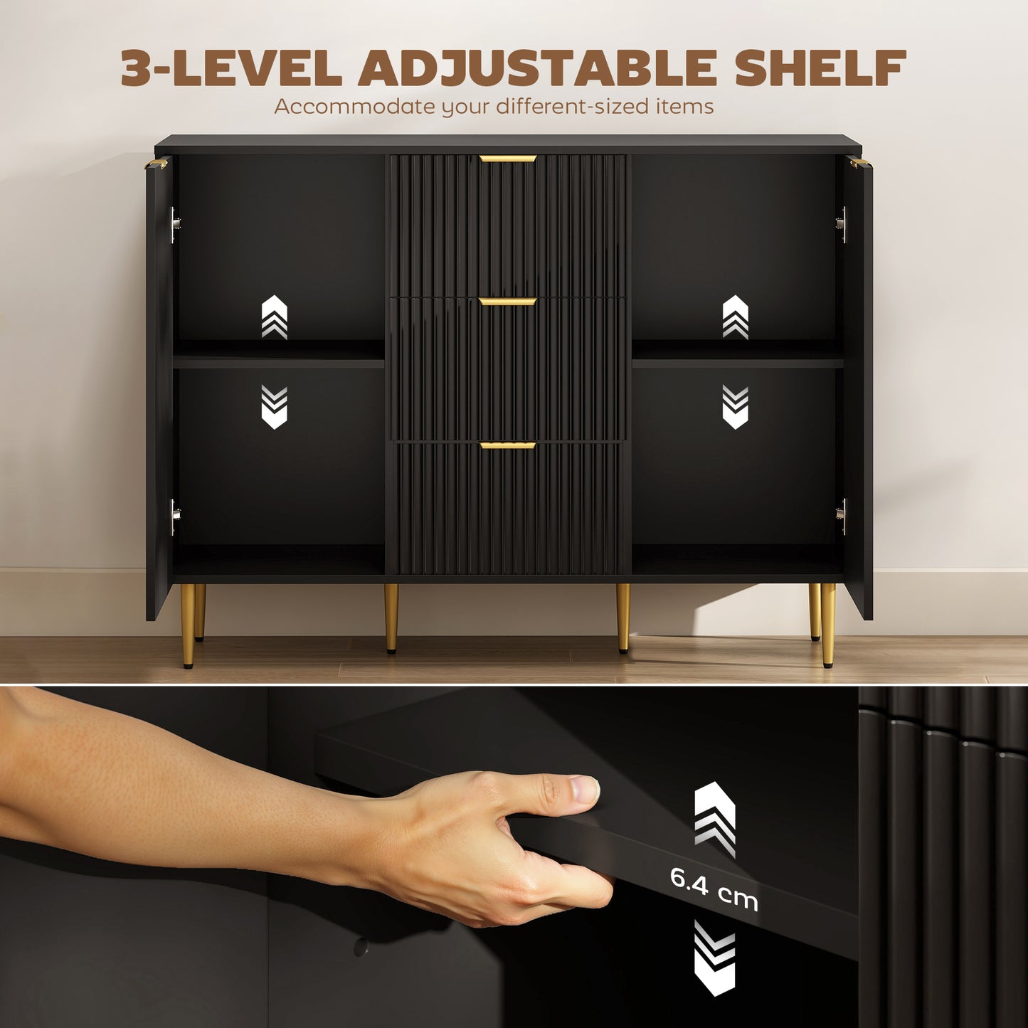 Surara Baro Black Ribbed 2 Door Sideboard 3 Drawers 2 Shelves Gold Accents