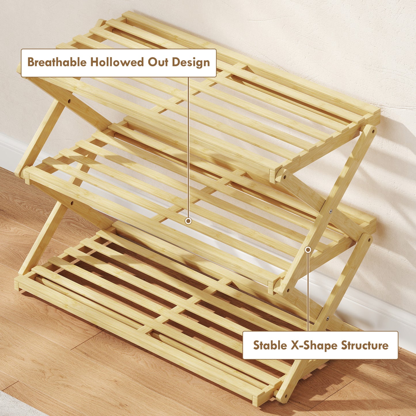 Palu Natural Bamboo 3 Tier Folding Shoe Rack