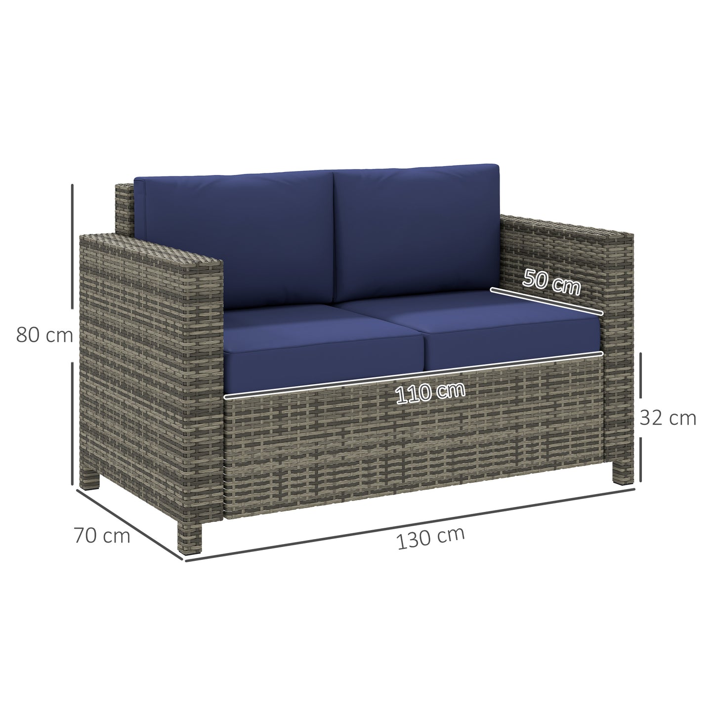 Vata Rattan Navy Blue 2 Seater Outdoor Sofa with Armrests