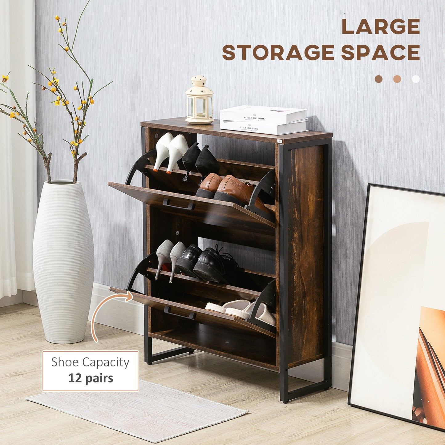 Conine Rustic Wood Effect 2 Door Shoe Storage Cabinet For 12 Pairs