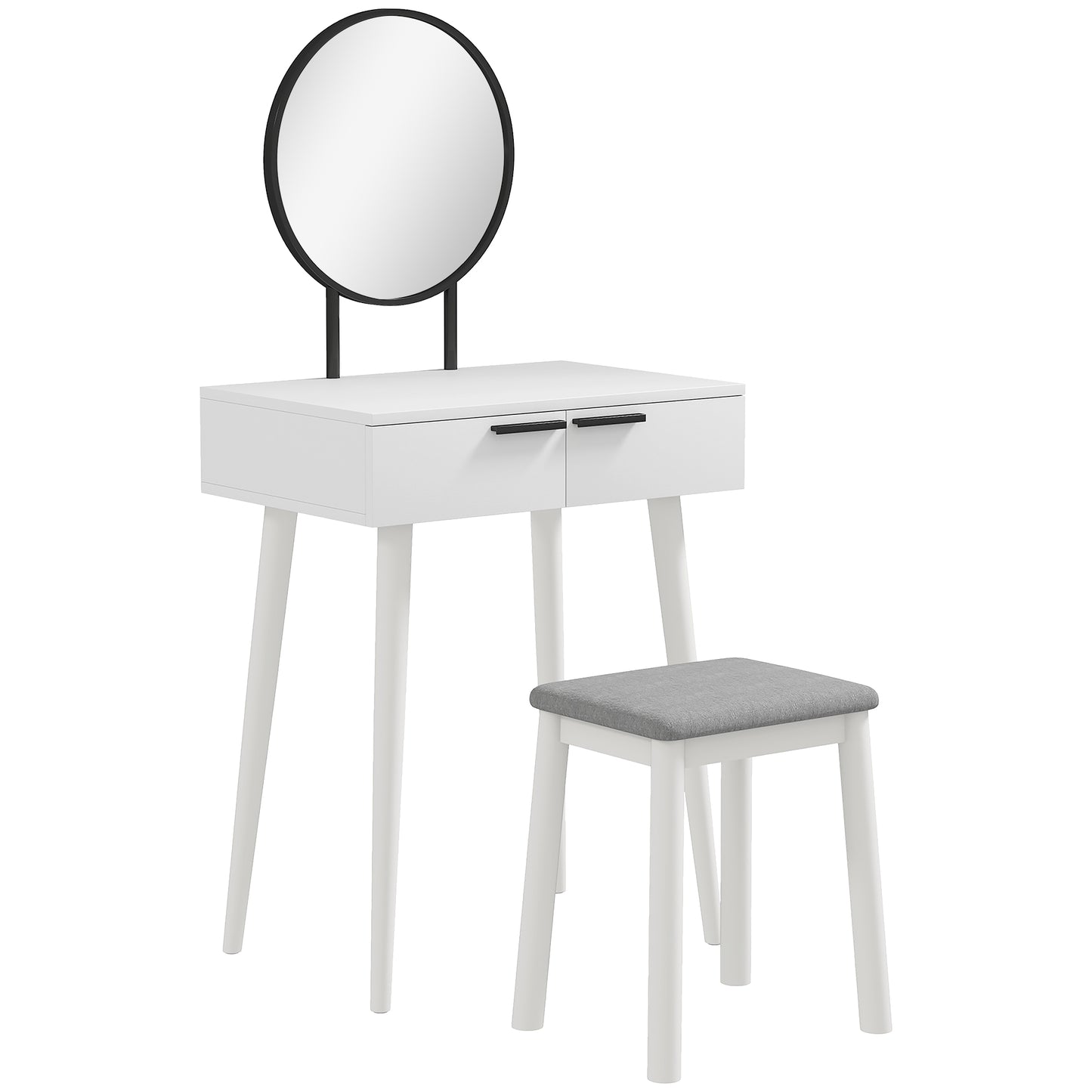 Comika White Dressing Table And Stool Set With Round Mirror 2 Drawers 60 x 40 x 123 cm